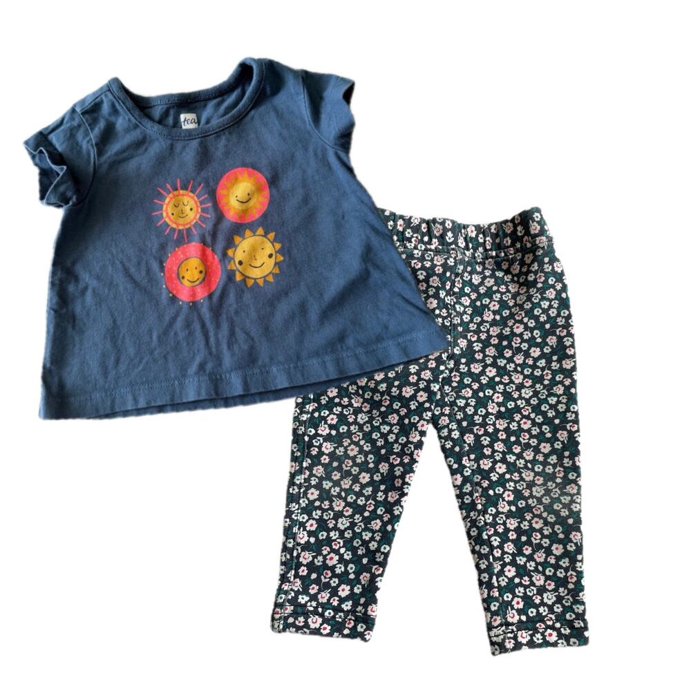 Tea Collection Baby Outfit: Blue Sun Tee & Floral Pants 6-9 Months
